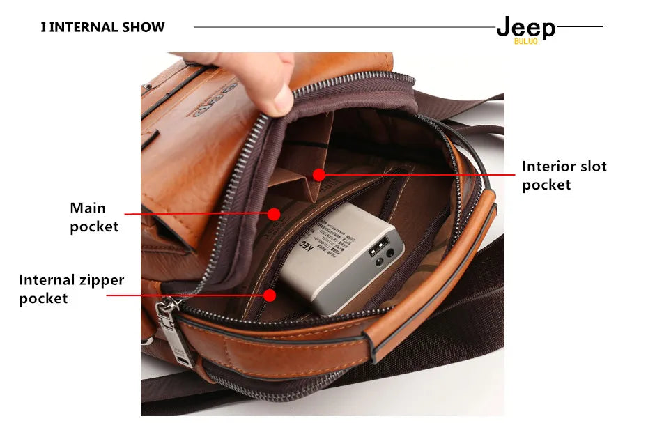 JEEP BULUO Multi-function Man's Shoulder Bag, Large Capacity, Leather, Crossbody